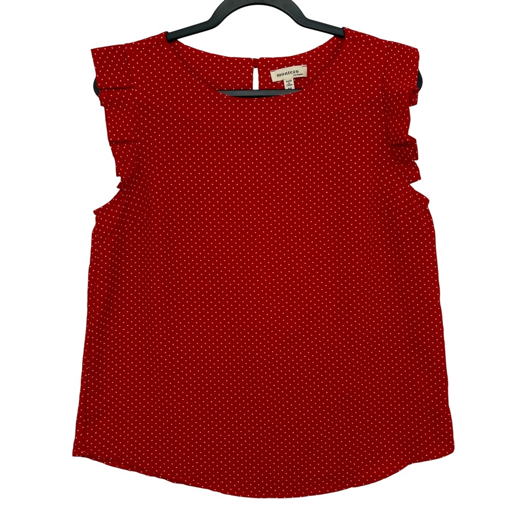 Monteau Polka Dot Blouse Womens Size Medium Red Ruffle Cap Sleeve Top